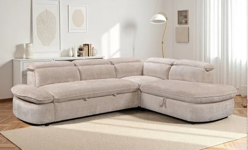 Colțar Extensibil Cremona KF7933 cu Ladă Depozitare, Șezlong Dreapta, Bej