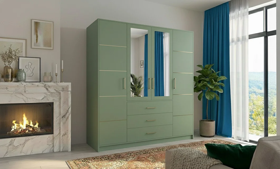Dulap Bali 2 D4 Verde cu Oglindă și 4 Uși