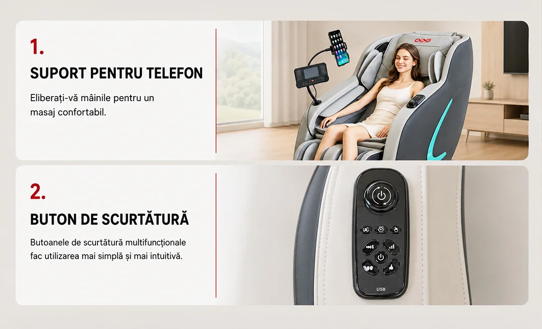 Fotoliu de Masaj A035 Bej/Gri, Masaj pentru Cap și Frunte, Neck Focus, Zero Gravity, Încălzire, Bluetooth 7