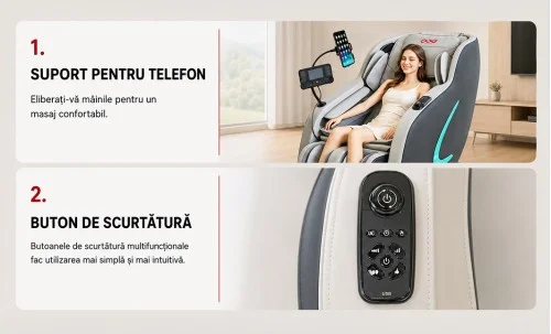 Fotoliu de Masaj A035 Bej/Gri, Masaj pentru Cap și Frunte, Neck Focus, Zero Gravity, Încălzire, Bluetooth