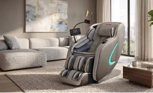 Fotoliu de Masaj A035 Bej/Gri, Masaj pentru Cap și Frunte, Neck Focus, Zero Gravity, Încălzire, Bluetooth