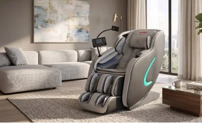 Fotoliu de Masaj A035 Bej/Gri, Masaj pentru Cap și Frunte, Neck Focus, Zero Gravity, Încălzire, Bluetooth