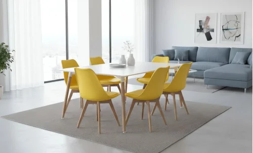 Set Masă Living SL673 Albă cu 6 Scaune de Living J900 Galbene