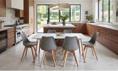 Set Masă Living SL673 Albă cu 6 Scaune de Living J900 Gri