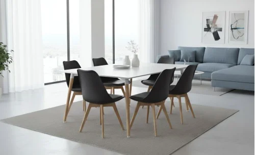 Set Masă Living SL673 Albă cu 6 Scaune de Living J900 Negre
