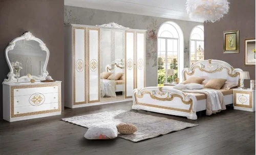 Dormitor Clasic Paloma Bianco Gold cu Dulap 6 Uși
