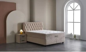 Set Pat Tapitat cu Saltea si Somiera Prestige Bej, 160x200 cm