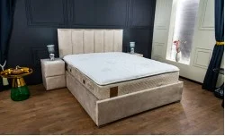 Pat Tapitat Klaus 1, bej deschis/somieră rabatabilă, 160x200