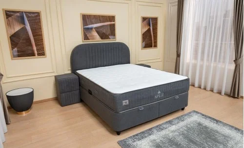 Set Pat Tapitat cu Saltea si Somiera Split Gri Inchis, 160x200