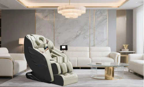 Fotoliu de Masaj A077 Bej, Masaj pe 6 Zone, Role 3D S-Curve, Stretching, Încălzire, Bluetooth