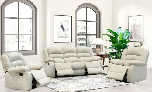 Set canapea cu 2 fotolii sistem recliner Comfort Lux White, Bej