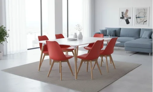 Set Masă Living SL673 Albă cu 6 Scaune de Living J900 Roșii
