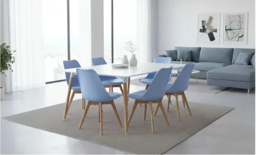 Set Masă Living SL673 Albă cu 6 Scaune de Living J900 Albastre