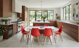 Set Masă Living SL673 Albă cu 6 Scaune de Living J900 Roșii