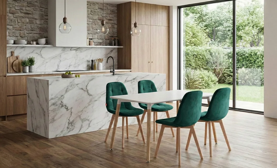 Set Masă Living SL673  Albă cu 4 Scaune KJC5304 Verzi