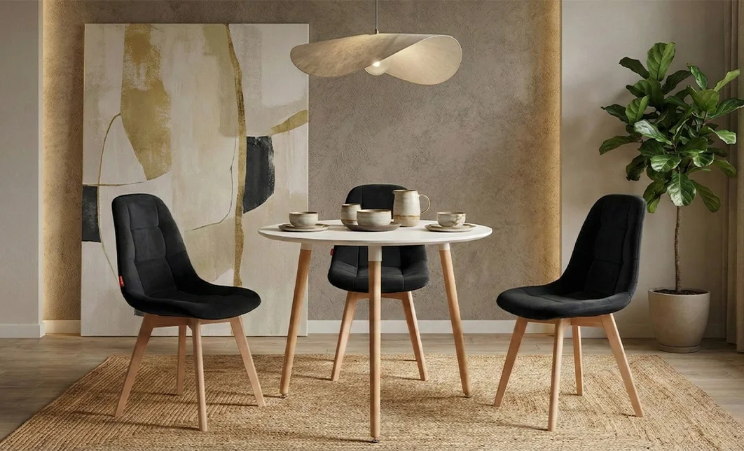 Set Masa Rotunda DT17 Albă cu 3 Scaune KJC5304 Negre