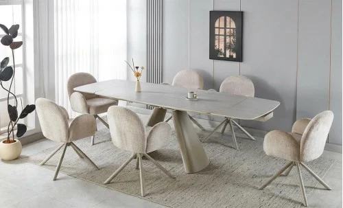 Set Masă Living DTM0408 Extensibilă cu 6 Scaune DCM0518 AS Bej