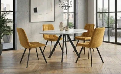 Set Masă Living Extensibilă Set Masă Extensibilă DTW0902MBE Albă cu 4 Scaune J265 Muștar