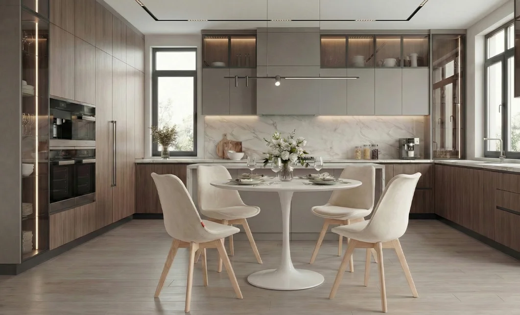Set Masa Rotunda DT08 Albă cu 4 Scaune J901 Bej
