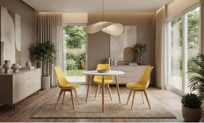 Set Masa Rotunda DT17 Alba cu 3 Scaune J900 Galbene