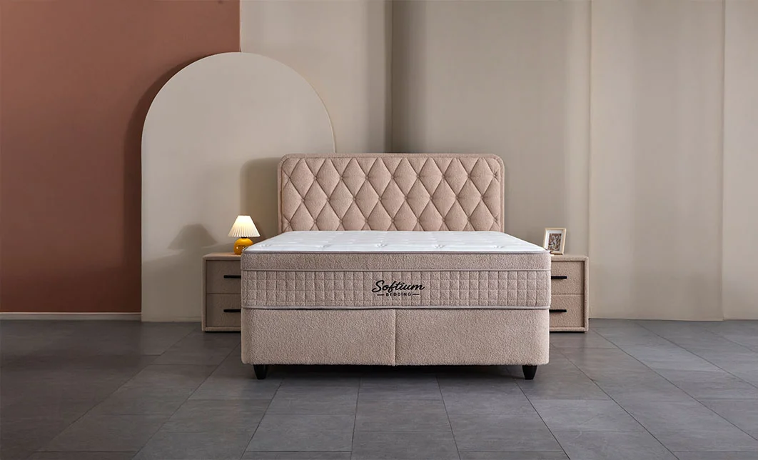 Set Pat Tapitat cu Saltea si Somiera Prestige Bej, 180x200 cm 2