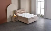 Set Pat Tapitat cu Saltea si Somiera Prestige Bej, 180x200 cm 3