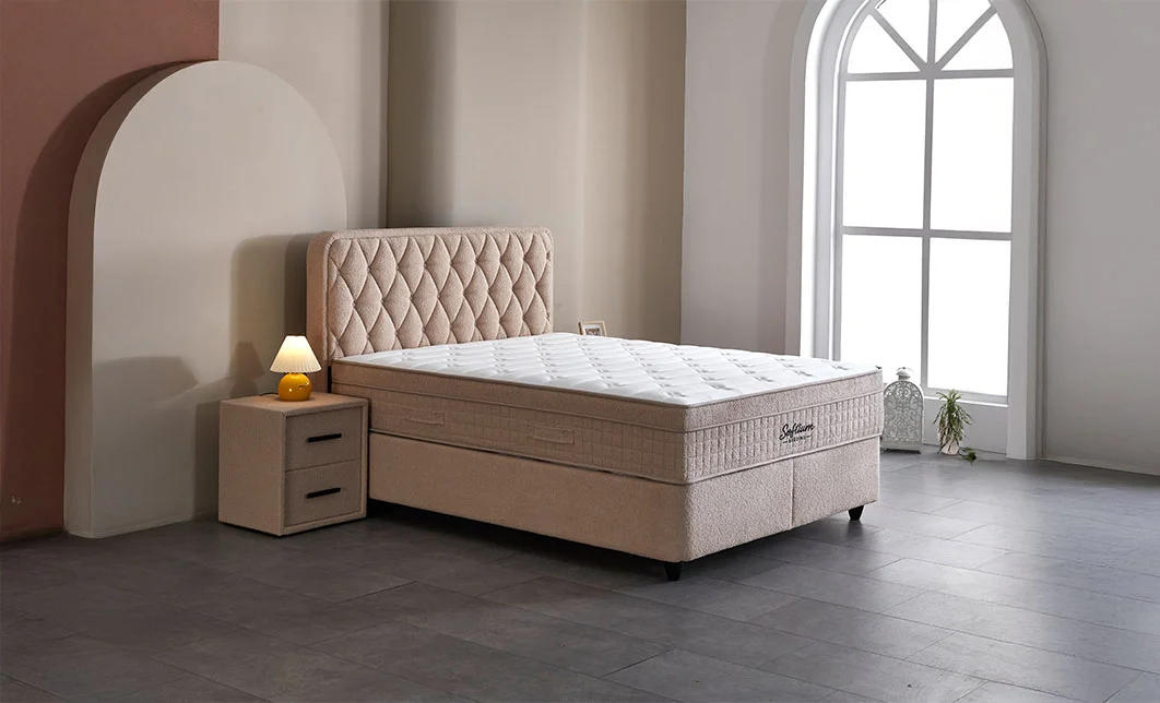 Set Pat Tapitat cu Saltea si Somiera Prestige Bej, 180x200 cm 4