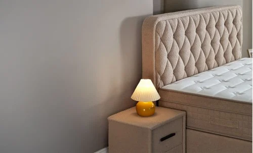 Set Pat Tapitat cu Saltea si Somiera Prestige Bej, 180x200 cm