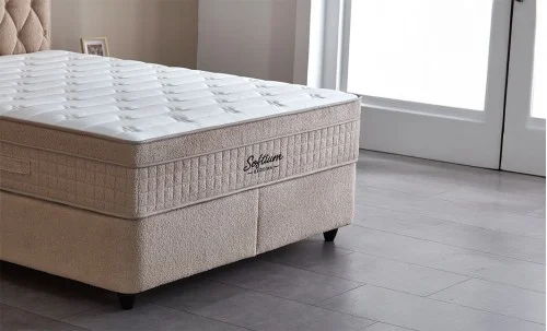 Set Pat Tapitat cu Saltea si Somiera Prestige Bej, 180x200 cm