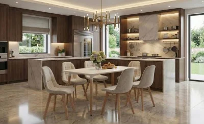 Set Masă Living SL673 Albă cu 6 Scaune de Living KJC5304 Bej