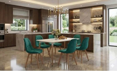 Set Masă Living SL673 Albă cu 6 Scaune de Living KJC5304 Verzi