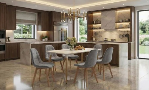 Set Masă Living SL673 Albă cu 6 Scaune de Living KJC5304 Gri