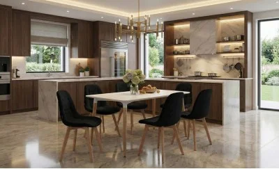 Set Masă Living SL673 Albă cu 6 Scaune de Living KJC5304 Negre