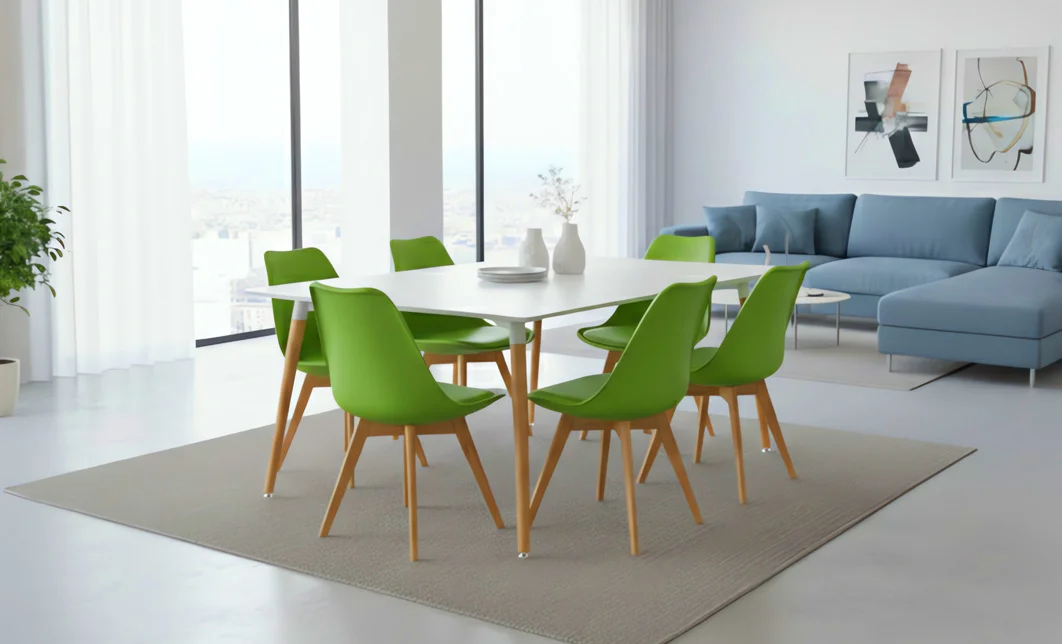 Set Masă Living SL673 Albă cu 6 Scaune de Living J900 Verzi 6