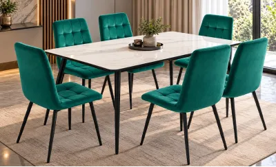 Set Masă Living Extensibilă KJT546 Bej cu 6 Scaune KJC37 Verzi