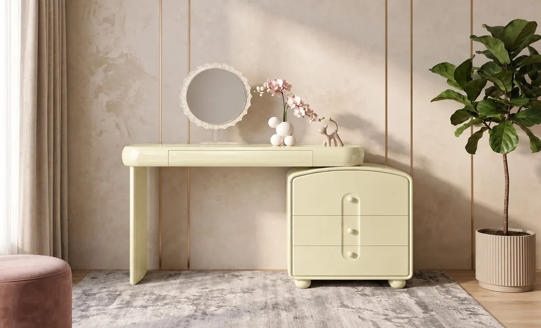 Măsuță de Toaletă T638-4 Vanilie, Extensibilă, cu Oglindă și LED în 3 Culori