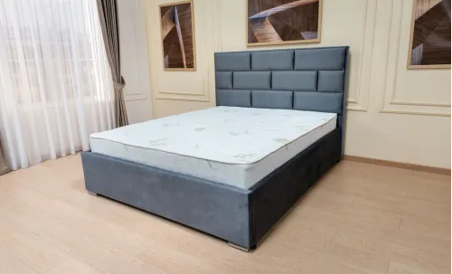 Set Pat Tapițat Mexico cu Saltea și Somieră Rabatabilă, Gri Albăstrui 160x200