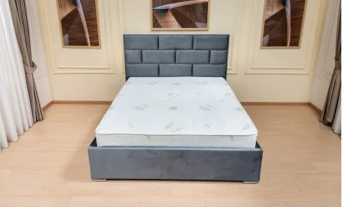 Set Pat Tapițat Mexico cu Saltea și Somieră Rabatabilă, Gri Albăstrui 160x200