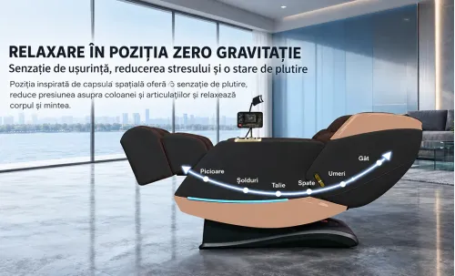 Fotoliu de Masaj A101 SL Negru/Maro, Șină SL 135 cm, 6 Role, 18 Programe, Zero Gravity, Încălzire cu Pelin