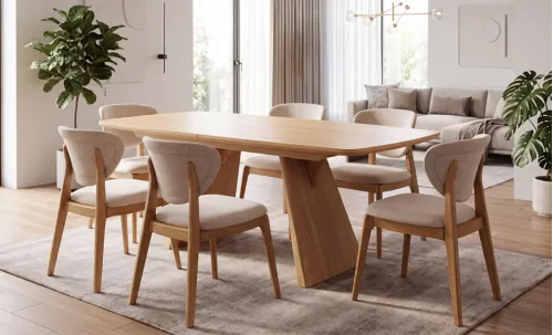 Set Masă Living Extensibilă DTW1002 Natur cu 6 Scaune DCW2703 CF Bej