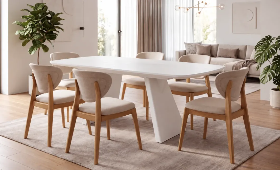 Set Masă Living Extensibilă DTW1002 Albă cu 6 Scaune DCW2703 CF Bej