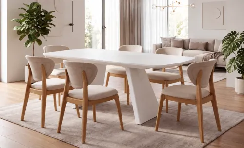 Set Masă Living Extensibilă DTW1002 Albă cu 6 Scaune DCW2703 CF Bej