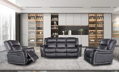 Set Canapea cu 2 Fotolii, Sistem Recliner Electric Edwina, Negru