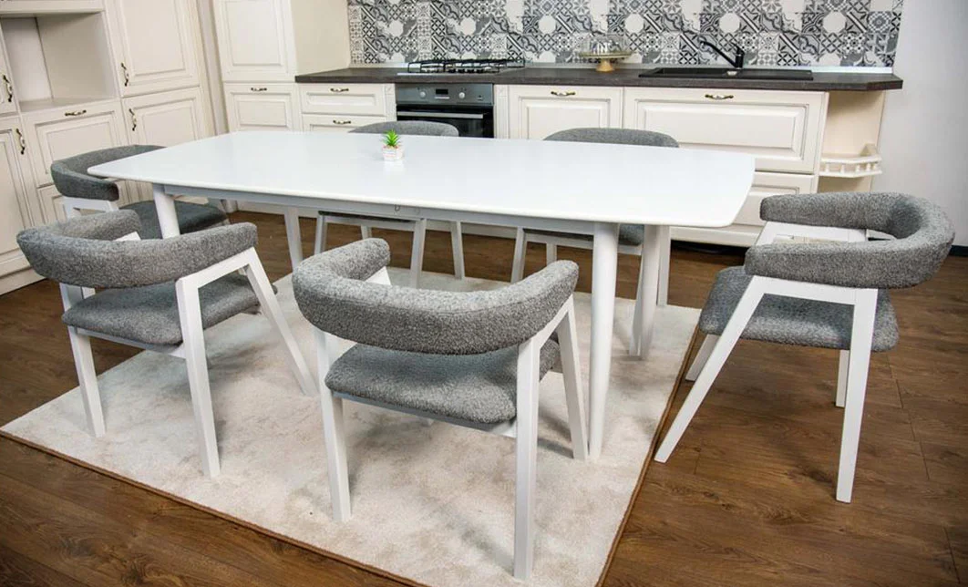 Set Masă Living Extensibilă Palmdale Albă cu 6 Scaune Carolina 6