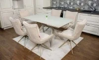 Set Masă Living Extensibilă Bej DTM0107 cu 6 Scaune DCM0607CS Bej