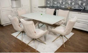 Set Masă Living Extensibilă Bej DTM0107 cu 6 Scaune DCM0607CS Bej