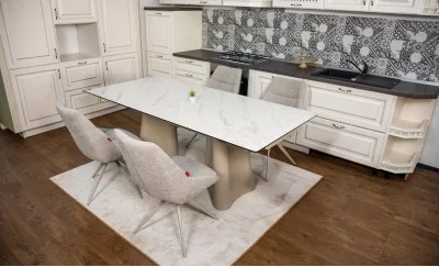 Set Masă Living Extensibilă Blat Ceramic Alb Marmura CT234 cu Set 4 Scaune DCM0108CS