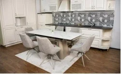 Set Masă Living Extensibilă Blat Ceramic Alb Marmura CT234 cu Set 6 Scaune DCM0108CS