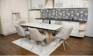 Set Masă Living Extensibilă Blat Ceramic Alb Marmura CT234 cu Set 6 Scaune DCM0108CS