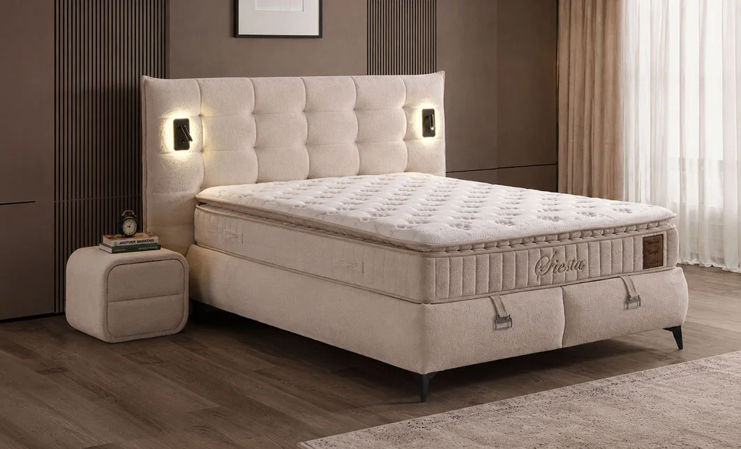 Set Pat Tapițat cu Saltea Siesta Plus și Somieră Rabatabilă, Bej, 140x200
